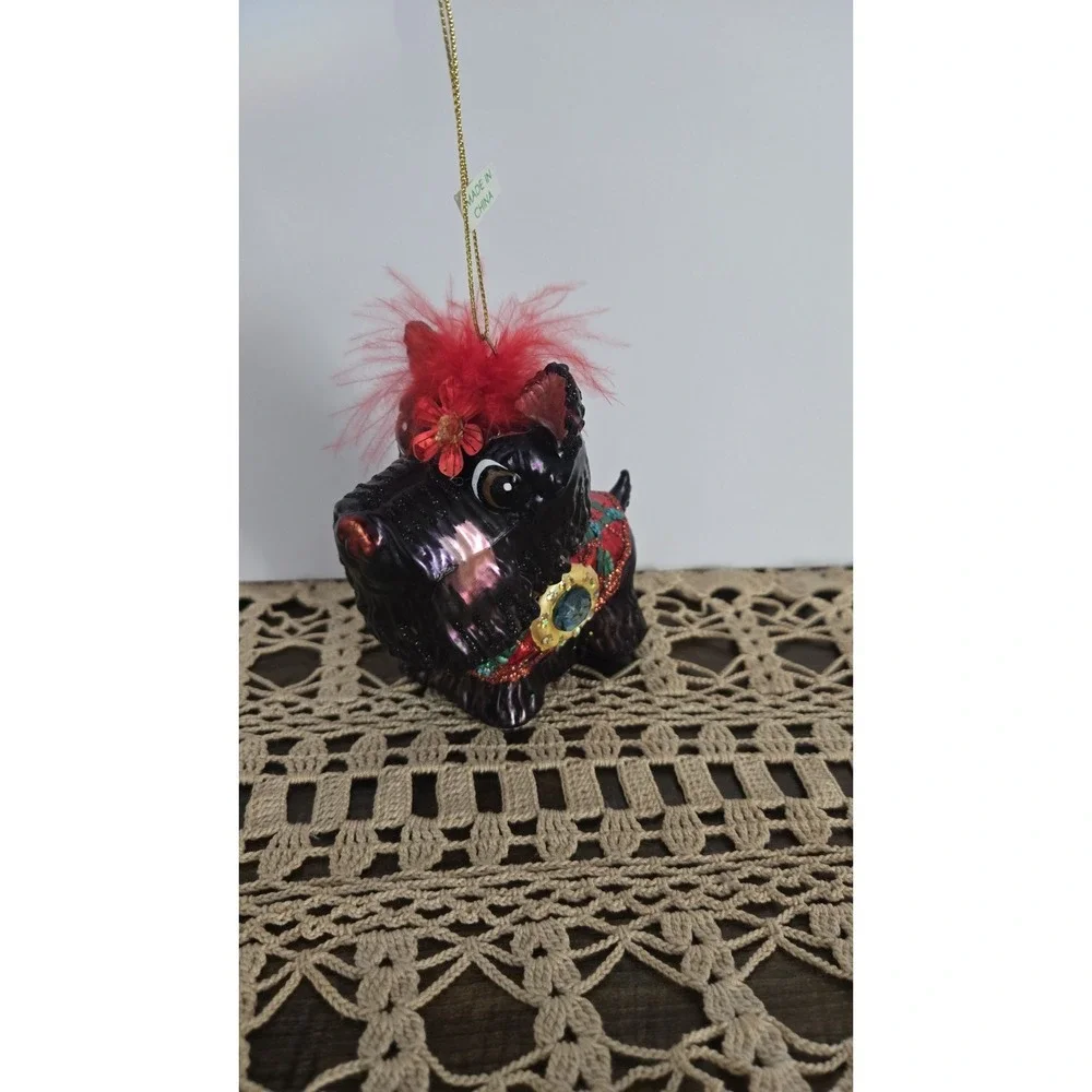 Vintage Style Scottie Dog Christmas Ornament Hand-Painted Glass Feather Top 6